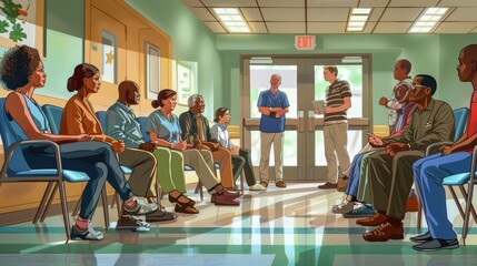 A group of patients and visitors sitting in chairs in a hospital hallway, depicting diverse expressions and interactions