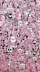 Pink and Black Drawing of Multiple Faces