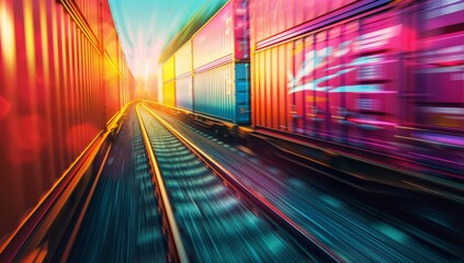 A colorful and dynamic image of cargo containers on the side of an animated train, moving at high speed along tracks against a blurred background.