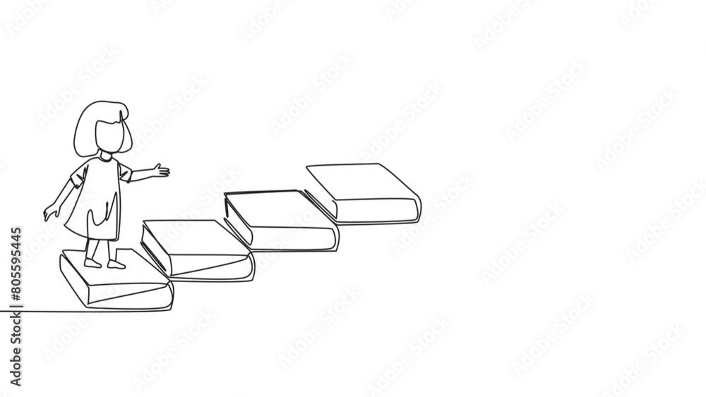 Poster self drawing animation of continuous one line drawing girls climbs stairs from books. reading increa