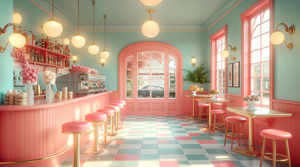 Cute vintage ice cream parlor interior with a pink and turquoise color scheme and pastel colors. Retro ice cream parlor: Sweet pastel nostalgia. Vintage 1950s cafe interior.