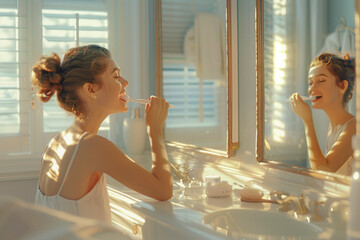 American Girl gets ready for a happy day, brushing teeth.