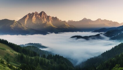 misty illustration of a mountain range in fog creating a majestic atmosphere generative ai