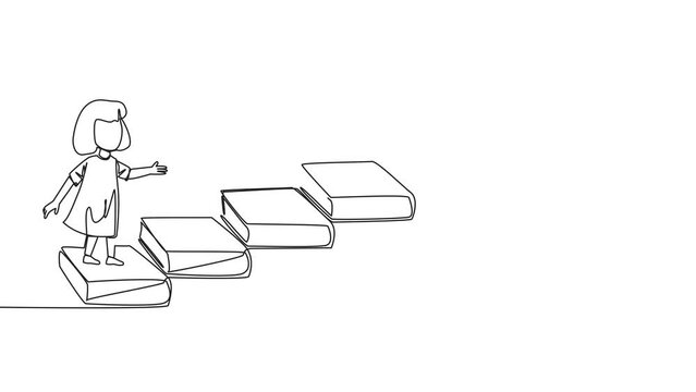 Self drawing animation of continuous one line drawing girls climbs stairs from books. Reading increases knowledge which can increase the dignity of a better life. Full length animated