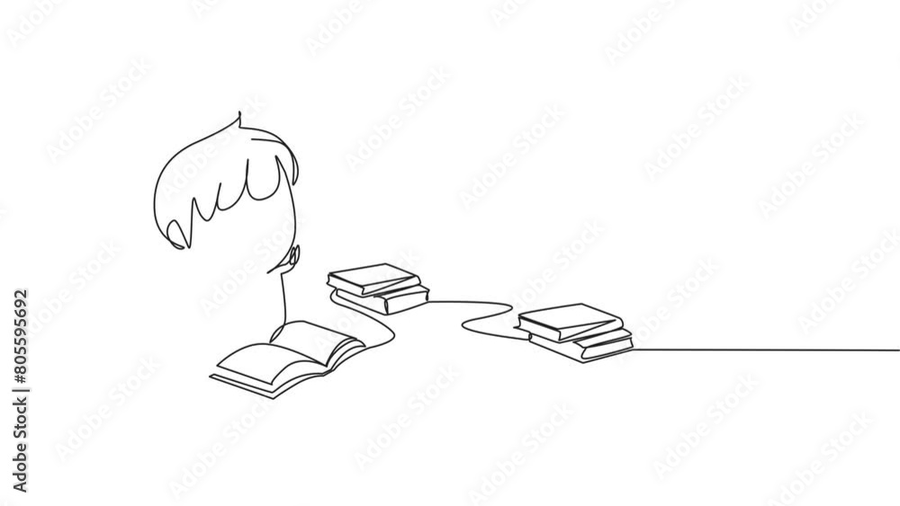 Poster animated self drawing of one line drawing smart boy reading books happily. good reading interest. re