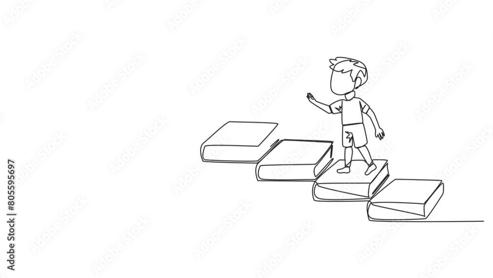 Poster animation of continuous line drawing boy climbs stairs from books. reading increases knowledge which