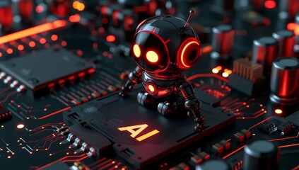 Cute robot stands on a chip with "AI" written in orange on a black background, rendered in 3D with black and red tones giving it a technological feel with high-definition details and studio lighting.