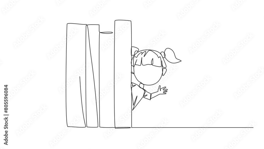 Poster self drawing animation of continuous line drawing a girl appears from behind a row of books. invitat