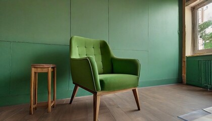 a green chair made of wood is placed in front of a green wall in the house the flooring is a rectangular shape and complements the furniture