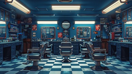 Barber Shop With Checkered Floor and Blue Walls