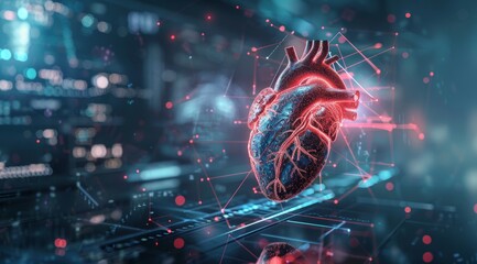 Digital hologram of an anatomical heart floating above the screen, with subtle lines and nodes representing its journey through artificial intelligence technology.