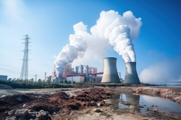 Massive cooling towers releasing steam in nuclear plant landscape.