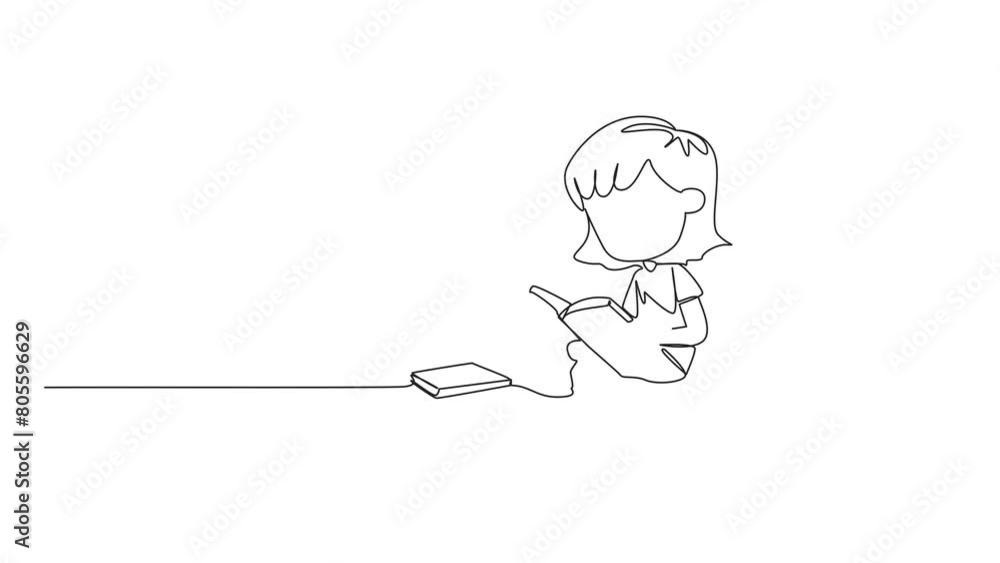 Aufkleber self drawing animation of one line drawing girl sitting relaxed in a library reading a lot of books.