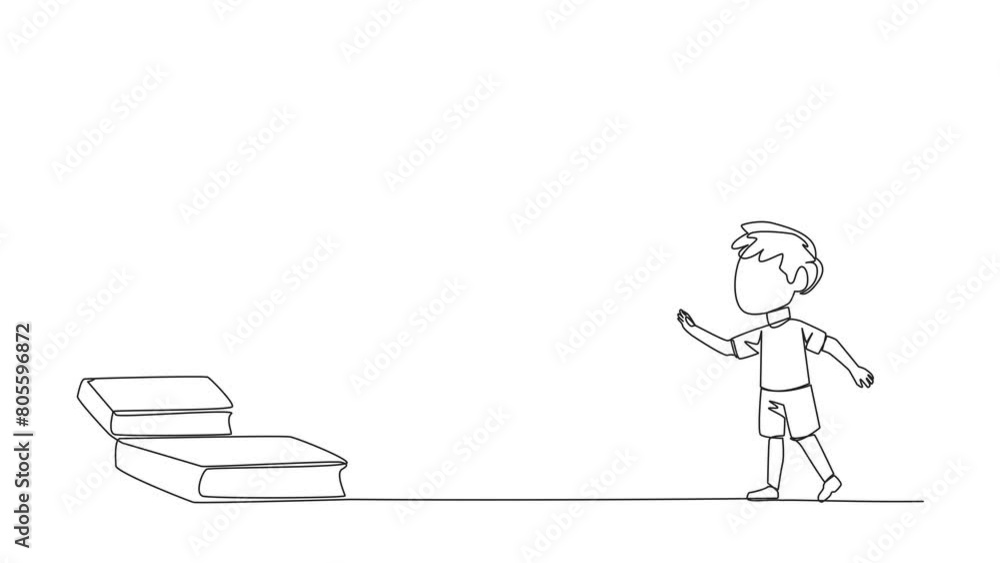 Poster self drawing animation of continuous line drawing boy climb the stairs from the book stack. towards 