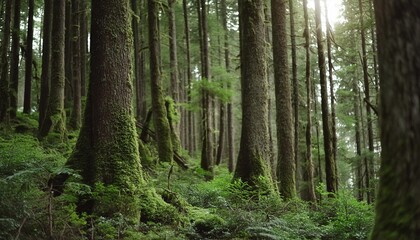 canadian rain forest beautiful view of fresh green trees in the woods with moss taken in golden ears provincial park near vancouver british columbia canada panorama nature background