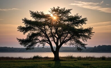 professional photograph of single tree in sunset