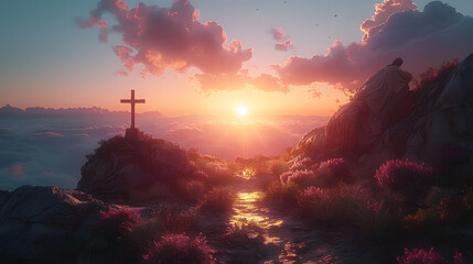 jesus christ cross easter resurrection concept christian cross on a background with dramatic lighting colorful mountain sunset dark clouds 