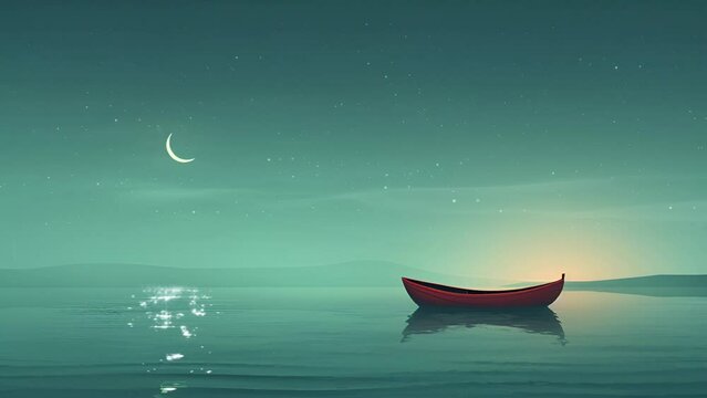 Wooden boats, create calm relaxation, with the beauty of the crescent moon; 4k virtual video animation.