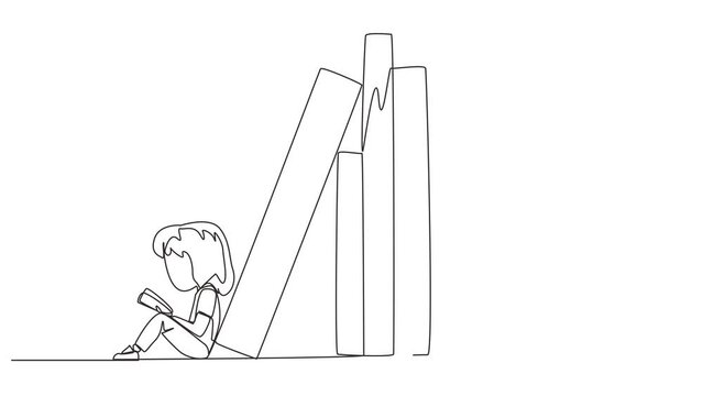 Animated self drawing of single line drawing kids reading sitting leaning against a pile of books. A habit of reading books. Good habit. Book festival concept. Full length single line animation