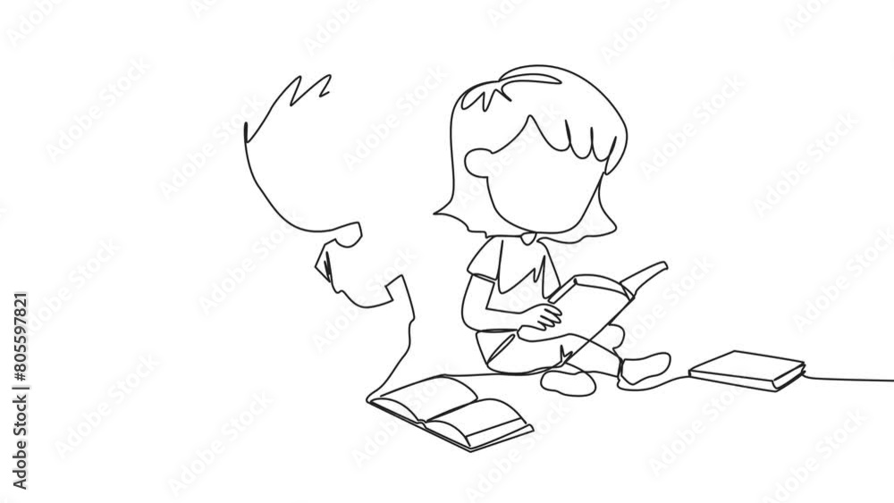 Aufkleber animation of single line drawing of kids sitting relaxed in a library reading a lot of books. lookin
