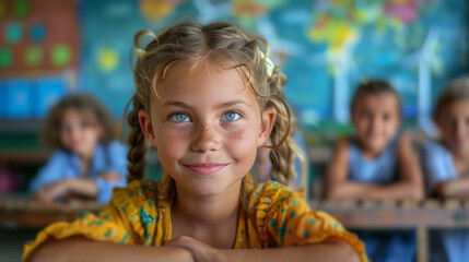 Little Girl Standing in Front of Windmills