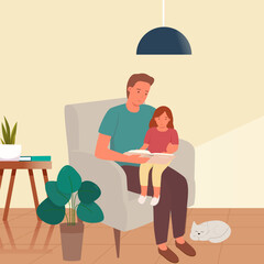 Hombre con su hija leyendo un libro en la casa. Familia contenta. Hogar. Padre e hija. Día del padre.