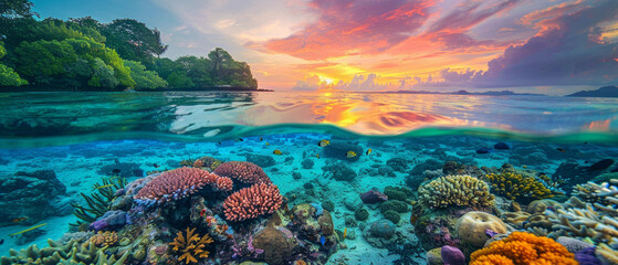 A stunning coral reef glows with vibrant colors under the warm sunrise sky. Magnificent colors.