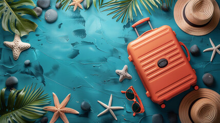 Orange Suitcase, Hat, Sunglasses, and Starfish on Blue Background