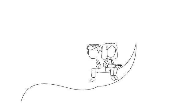 Animated self drawing of single line drawing kids sitting on crescent moon reading book. Metaphor of reading a story before bed. Passionate reading in any condition. Full length single line animation