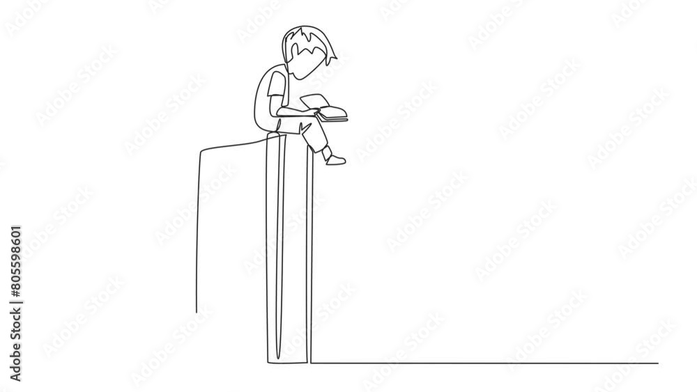 Poster self drawing animation of continuous line drawing smart happy boy sitting on a big open book reading