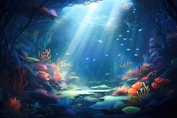 Obraz na płótnie Canvas An enchanting image capturing the ethereal beauty of underwater flares casting rays of light, adding a magical touch to the aquatic environment.