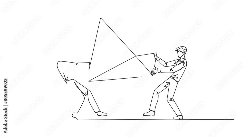 Poster self drawing animation of single continuous line drawing two selfish businessman fighting over the b