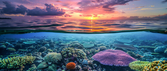 Sunrise over a colorful coral reef, with vibrant hues of orange, pink, and purple reflecting.