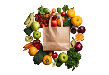 Healthy food around paper bag isolated on transparent background Healthy food in paper bag fruits and vegetables