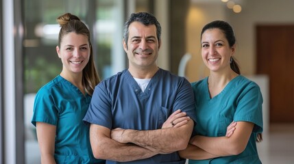 A man and two women in professional scrubs stand together, exuding confidence and professionalism as part of a dental team portrait - Powered by Adobe