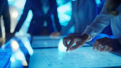 Group of people in business attire gathered around an interactive table, using digital tablets to discuss factory design blueprints on the surface.
