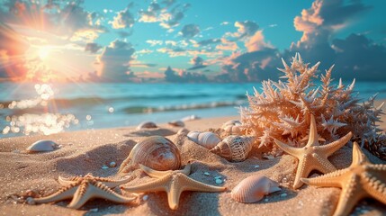 Seashells and Starfish on Sandy Beach at Sunset