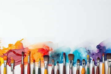 Paint brushes and paints on a white background with copy space.