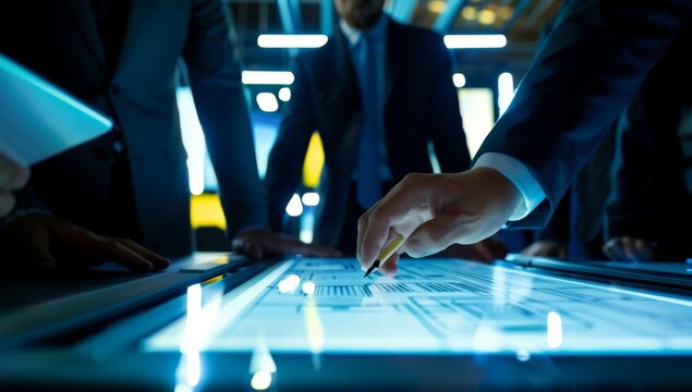 Group of people in business attire gathered around an interactive table, using digital tablets to discuss factory design blueprints on the surface.