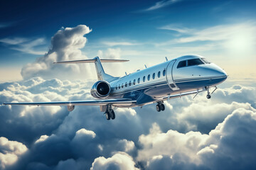Obraz premium Business jet flying above the clouds, toned image, copy space