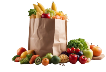 Healthy food background Healthy food in paper bag fruits vegetables milk pasta and fish isolated on transparent background