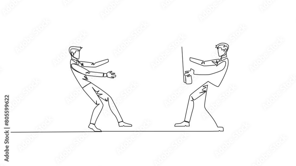 Poster animation of continuous line drawing of two angry businessman fighting over the hourglass. ask each 