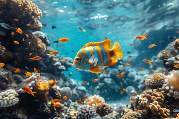 Fototapeta premium A close-up view of a vibrant orange and white-striped fish swimming in a healthy, thriving coral reef ecosystem