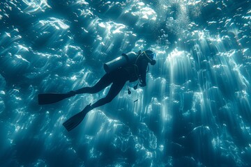 A lone scuba diver explores the deep blue sea amidst stunning rays of sunlight piercing the waters, creating a serene underwater landscape