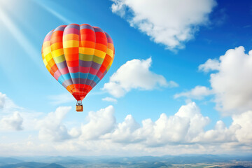 Fototapeta premium Hot air balloon flying high in blue sky. Background with selective focus and copy space