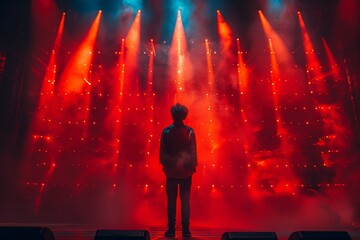 A lone person stands engulfed in dramatic red stage lights creating a powerful, reflective ambiance