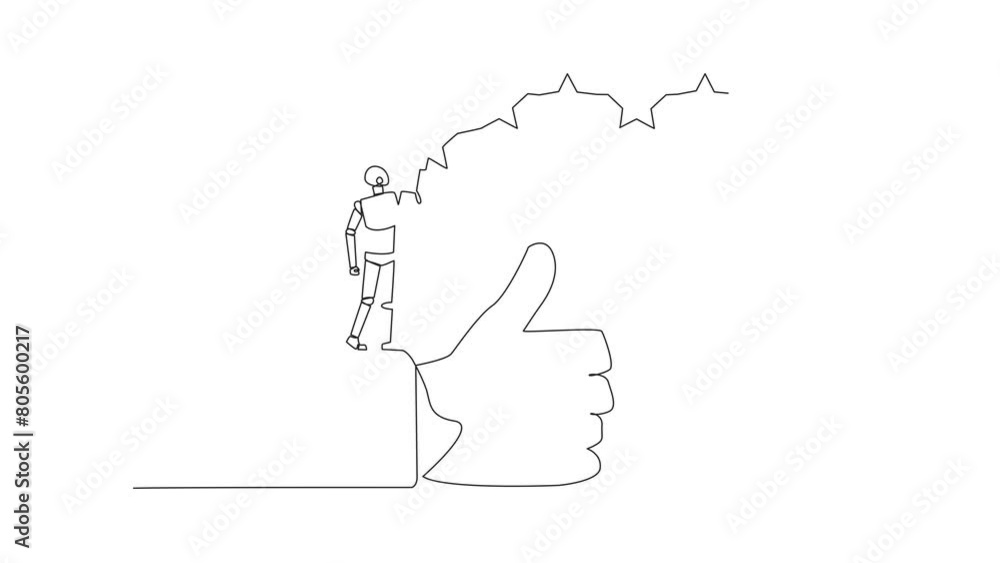 Poster animated self drawing of single continuous line drawing robot standing on the thumbs up wants to att
