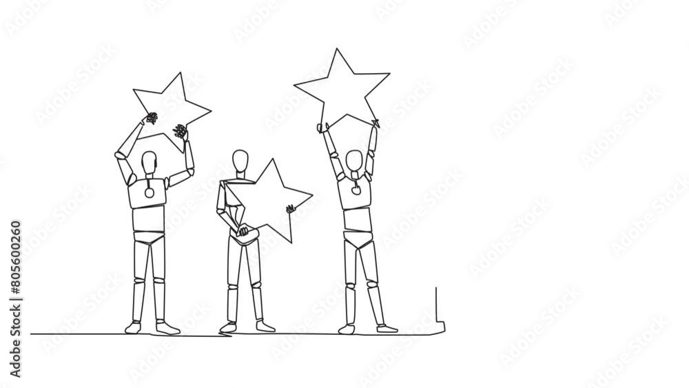 Poster animation of one line drawing single continuous line drawing group of five artificial robotic intell