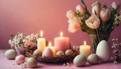 festive ambiance with easter decorative eggs candles and spring flowers on a pink background