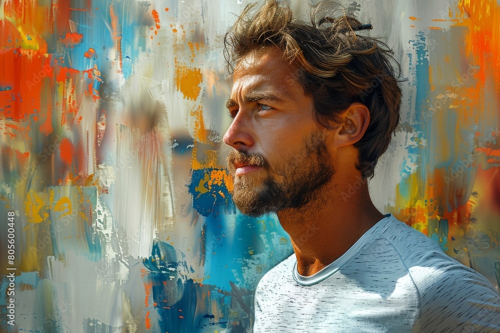 Poster the image visually represents the blend of a man with his background, creating a unique, artistic, a
